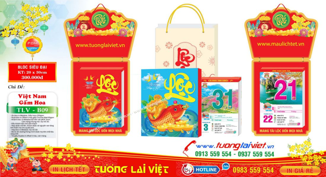 Mẫu Lịch Bloc Dán Nổi Chữ Phúc